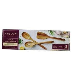 Anolon Teak Tools Wood Cooking Utensil 3 Piece Set Spatula Spoon New Kitchen